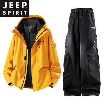 Jeep spirit three-in-one jacket suit for men 2025 autumn and winter new style complete set of mountaineering and skiing sportswear for men, same style for men and women - maple leaf yellow suit three-in-one jacket + black pants s