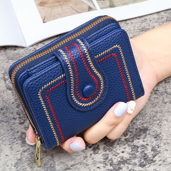 Fuyan new small wallet women's short folding wallet coin purse multiple card slots anti-degaussing card holder wallet all-in-one for women lychee pattern-blue