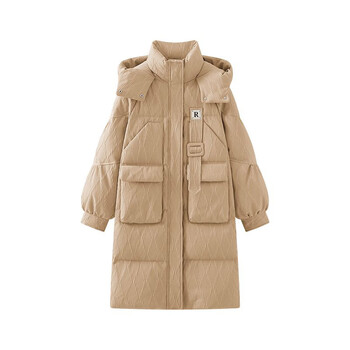 Fiveplus warm hooded down jacket women's solid color loose mid-length thick jacket winter m beige