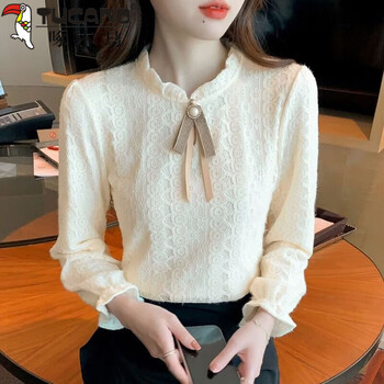 Woodpecker (tucano) half turtleneck lace bottoming shirt for women in autumn and winter plus velvet 2026 new style inner shirt with western style design niche top apricot regular xl recommended 125-140 pounds