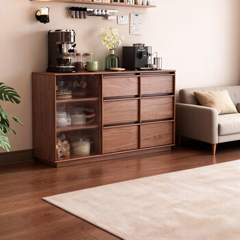 Qiuke solid wood sideboard living room household high-end storage cabinet antique style large capacity skeleton line tea cabinet storage cabinet