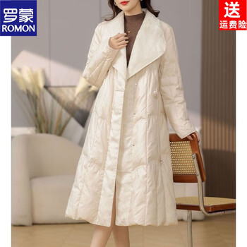 Romon down jacket women's 2026 new winter splicing slimming medium and long large lapel plate buckle 90 white duck down warm jacket white hangzhou counter genuine high-quality goods m within 120 pounds