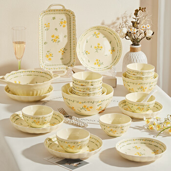 Shangxingzhi is a bowl household set with underglaze color ceramic bowls, plates and tableware, a complete set of high-looking bowls, chopsticks and bowls combination, new and especially beautiful, 26-piece set, 6-person meal, with double-eared bowls