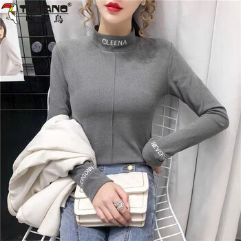 Woodpecker (tucano) german velvet thickened half turtleneck bottoming shirt for women, new autumn and winter slim-fitting warm top, long-sleeved t-shirt for age reduction, gray 2xl