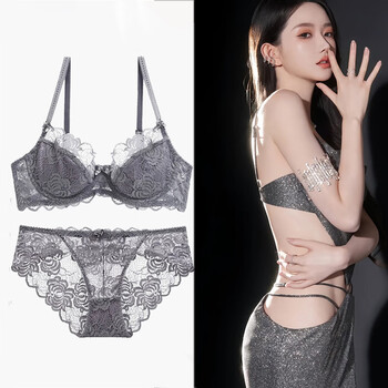 Victoria palace sexy underwear women's comfortable thin large breast revealing small push-up bra breathable anti-sagging pure desire lace bra set gray bra + panties 70a/32 with s size panties