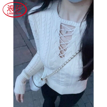 Langsha american sweet and spicy high-end design, unique and beautiful red sweater for women, autumn and winter slim pullover knitted bottoming top, off-white, high-quality version, m, recommended 100-110 pounds