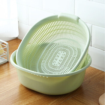 Yusenyi double-layer drain basket vegetable sink oval multi-functional thickened large household plastic sieve kitchen fruit basket nordic green 1 set