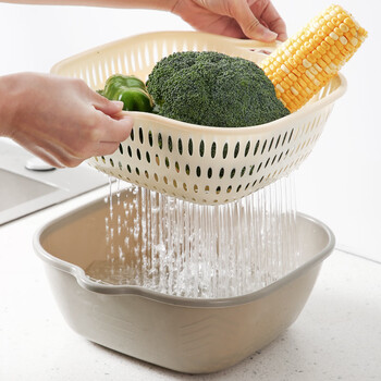 Yusenyi double-layered vegetable sink drain basket kitchen fruit washing basket leaking water artifact internet celebrity six-piece vegetable washing basket rounded corners small gray white 2-piece set
