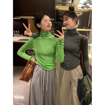 Hengyuanxiang new year red turtleneck inner knitted bottoming shirt for women spring and autumn slim sweater burgundy long-sleeved top brand fruit green l