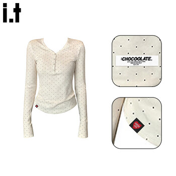 Chocoolate it women's simple style button v-neck polka dot right shoulder t-shirt for women 2026 spring new style temperament age-reducing top for women polka dot color s