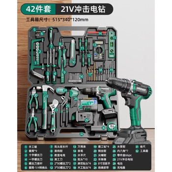 Green forest household hardware tool set home tool box multi-function electric drill combination electrician electric vehicle mount 21v impact lithium electric drill - all-purpose 42-piece set