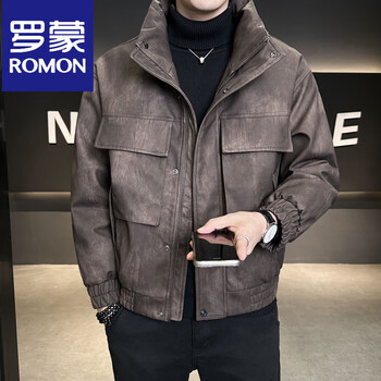 Romon leather down jacket men's winter stand collar 2025 new casual big pocket american retro thickened winter jacket brown m 100-130 catties or so