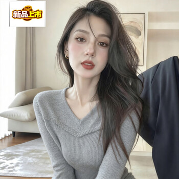 Chujing gray v-neck slim bottoming shirt with sweater and knitted sweater for women. winter new style, stunning and good-looking top. gray korean style early autumn outfit/big and good-looking early autumn outfit top/korean style atmosphere s 80-95 catties