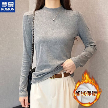 Romon half turtleneck bottoming shirt new autumn and winter velvet-feel slim fit warm t-shirt for women thickened top 793 splicing-grey slim and warm velvet m 93-105 catties