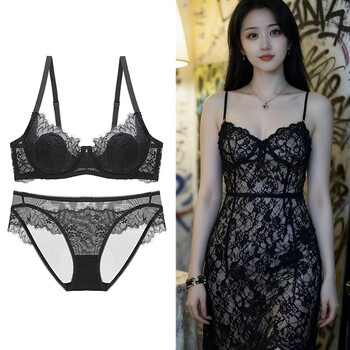 Victoria palace sexy underwear women's thin elegant breathable lace big breast revealing anti-sagging push-up breast control bra set black set bra + panties 70a/32a with s size panties