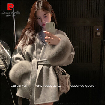 Pierre cardin 2025 autumn and winter new double-sided cashmere coat for women fox fur fur cloak woolen short coat gray l