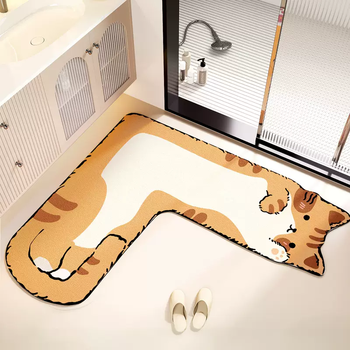 Yusenyi l-shaped bathroom floor mat, bathroom absorbent foot mat, l diatom mud non-slip mat, toilet door carpet, household gzn1470 lazy cat right 70x70x35cm (quick drying and strong water absorption)