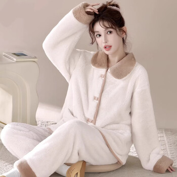 Flying in the snow, soft and comfortable, new snowflake velvet home clothes for autumn and winter, can be worn outside, women's warm velvet warm flannel home clothes nsjly-ks245 off-white color block collar snowflake velvet women's m recommended 85-100 pounds