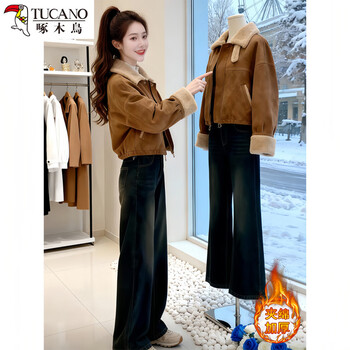 Woodpecker plus velvet thickened sherpa jacket women's short 2025 autumn and winter new casual all-match fur one-piece jacket top khaki m (recommended within 5 pounds)