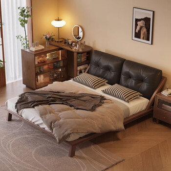 He jiagong new chinese style all solid wood leather bed retro small apartment black walnut color tatami double cloud soft package short bed tatami solid wood bed + cabinet * 1 1500mm * 2000mm frame structure