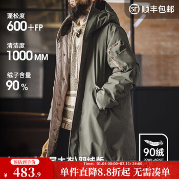 Madden workwear american retro m51 mid-length down jacket men's winter hooded parka coat men's thick coat gray green xl
