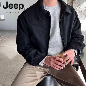 Jeep spirit spring and autumn new retro high street suede short jacket men's loose and versatile motorcycle lapel flying casual jacket black m