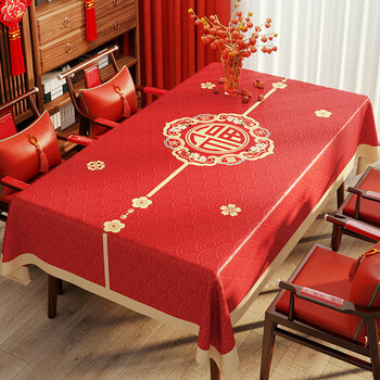 Clcey new year's atmosphere tablecloth 2026 red oil-proof and waterproof chinese new year spring festival blessings festive decoration coffee table cloth feeling lucky clouds bring blessings 140*220cm suitable for 6 people rectangular table/oval table