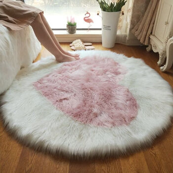 Fantasy imitation wool long hair color block carpet round sofa cushion thickened cute plush pink girl computer chair chair cushion white edge heart shape 80cm diameter round