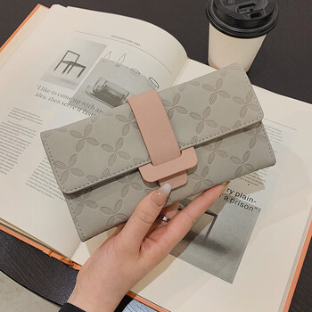 He jiagong women's wallet women's long style new fashion buckle clutch women's large capacity multiple card slots can hold mobile phones gray