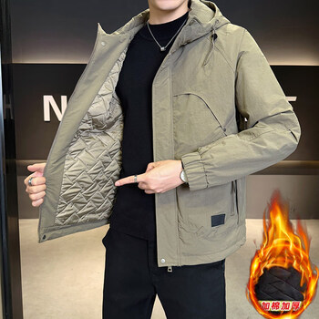 Kbxng jinba men's second cotton jacket autumn and winter new thick warm jacket trendy workwear cotton clothes hooded jacket khaki green m