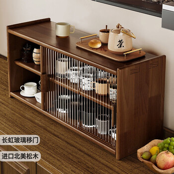 Shantou lincun walnut solid wood dining table tea set tea storage rack desktop coffee tea cup rack storage cabinet storage rack sideboard pine wood black walnut color 67cm heightened with compartment. rounded corners long