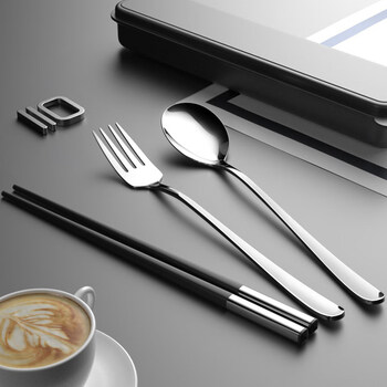 Tuojin imported high-quality chopsticks and spoons set from germany, portable student school special food single pack, three pieces for one person, original color chopsticks + 304 spoon + 304 fork + box + bag