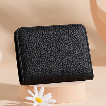 Other genuine leather wallets for men and women, simple and high-end, short cowhide wallet card holder, light and compact, folding leather wallet, black (first layer of cowhide) - anti-theft brush