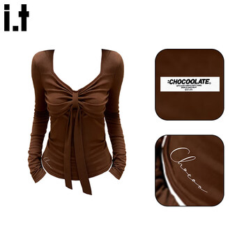 Chocoolate it women's sweet age-reducing bow tie long-sleeved t-shirt women's winter low-neck pleated bottoming shirt top women brown s