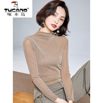 Woodpecker (tucano) fashionable western mesh bottoming shirt women's spring and autumn long sleeve thin gauze shirt bright silk shirt slim fit top khaki m