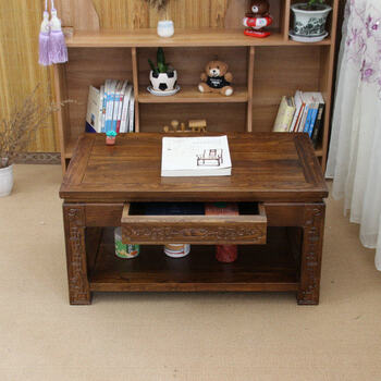 He jiagong antique tatami coffee table solid wood bay window table kang table old elm tea table living room double-layer storage small table walnut color 60*40*40cm fully furnished