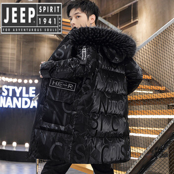 Jeep spirit winter cotton jacket men's 2025 mid-length thickened warm cotton jacket trendy winter glossy down jacket black with fur collar 3xl