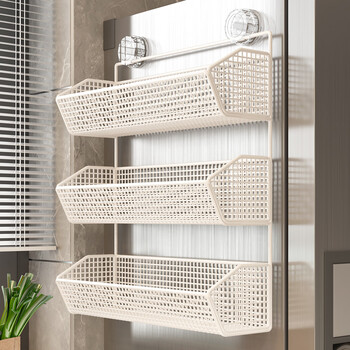 Fantasy kitchen powerful suction cup shelf wall punch-free refrigerator side storage wall-mounted storage box condiments multi-layer black double-layer medium/hook model drop free