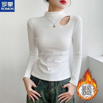 Romon white half turtleneck plus velvet thickening bottoming shirt for women autumn and winter with long sleeves 2025 new style mid-collar hollow top white 2xl 125-140 catties