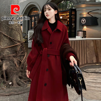 Pierre cardin (pierre cardin) burgundy retro woolen coat for women autumn and winter large size fat 200 pounds new year wedding thickened woolen coat s suitable for under 100 pounds
