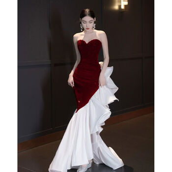 Pioneer bird burgundy evening dress for women 2025 new style french light luxury banquet birthday host niche slim fit burgundy long style s