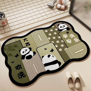 Fantasy bathroom door floor mat absorbent toilet foot mat restroom carpet bathroom mat diatom mud lucky panda green wave shape 60x120cm environmentally friendly and no odor