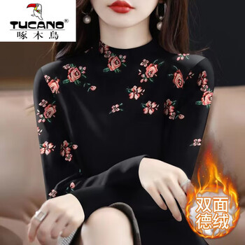 Woodpecker (tucano) german velvet warm printed t-shirt women's autumn and winter new temperament mom clothes loose large size half turtle collar pullover bottoming 901 black m recommended to wear under 85 pounds