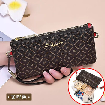 Kangaroo luxury wallet women's 2026 fashion print large capacity zipper clutch one shoulder diagonal mobile phone bag simple brown