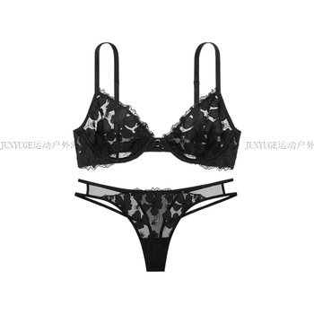 Victoria's secret victoria's secret lightweight mesh embroidered soft wire bra and panties women's set gift box for girlfriend and wife 54a2 black 75d 34d+s (+s)