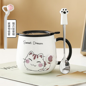 Tuojin cat cup mark with lid spoon ceramic water cup ceramic cartoon male and female couple cup office coffee breakfast cup little red cat (cup + lid + cat claw spoon + straw with lid)