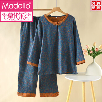 Modal new chinese style double-layer pure cotton gauze pajamas for women's birth year red duofu national style thin home clothes set for middle-aged and elderly people pure cotton yarn-dyed disc button set-molan round neck m recommended 90-110 pounds