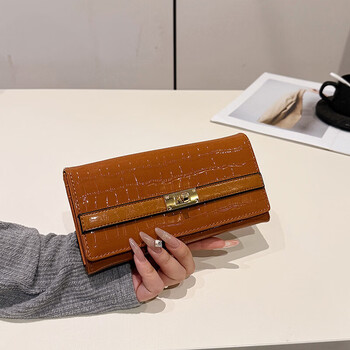 He jiagong niche pattern long wallet women's retro multi-card slot large capacity multi-function hand mobile phone bag brown