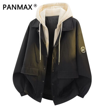 Panmax new coat spring and autumn american hooded fake two-piece loose trendy brand lapel handsome casual jacket black 2xl recommended 155-175 pounds