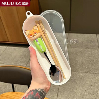Muju tableware set cartoon spoon aluminum alloy chopsticks cute portable takeaway tableware set for students and children nick spoon and chopsticks (white round box)